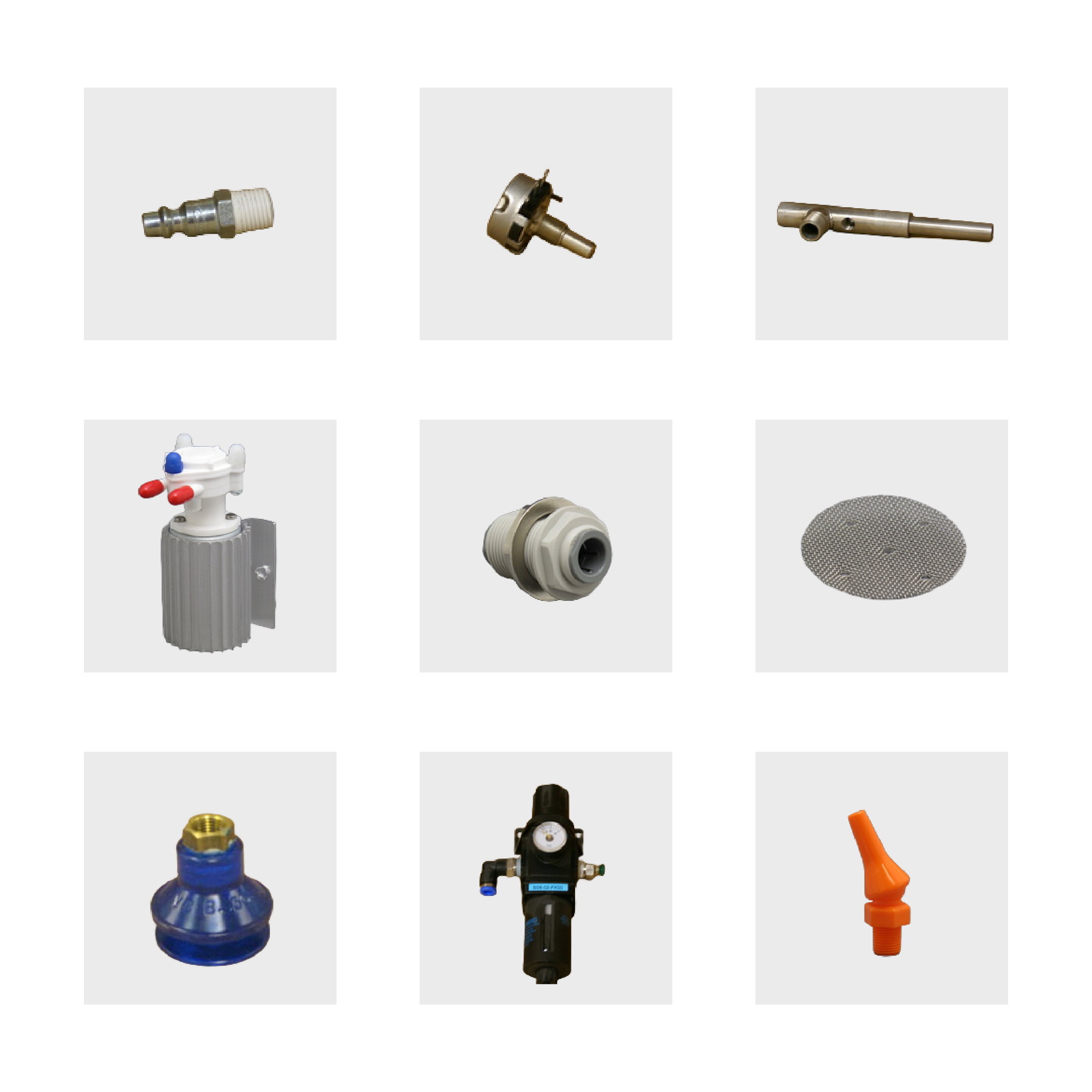 A collage of 9 available spare parts for Ultra Optics coating machines