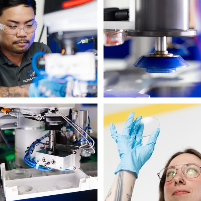 UltraOptics-CompleteLensCoatingSystem Overhead view of a test lab, with a chemist working with solutions and lenses